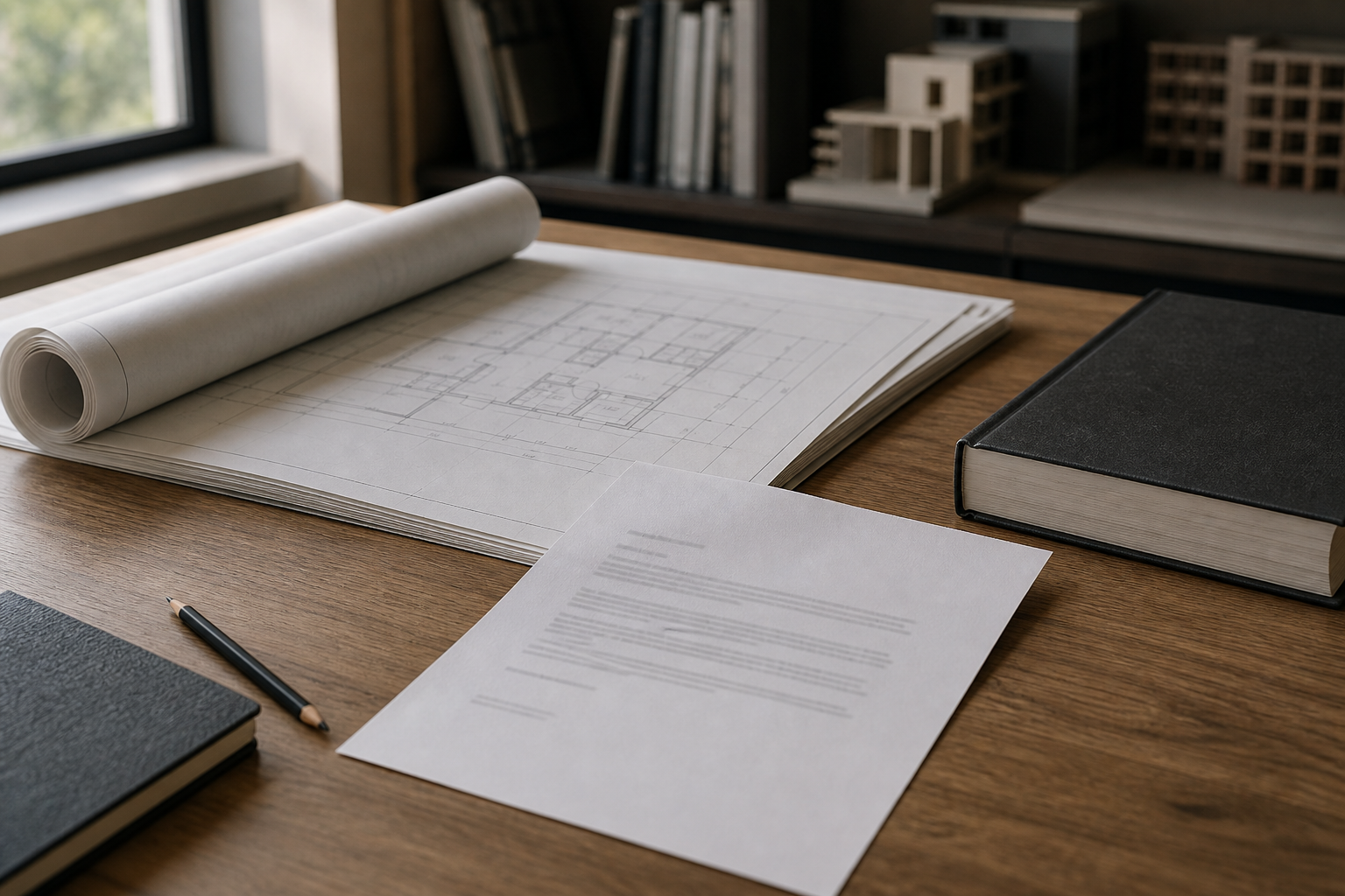 Architect reviewing a product code compliance letter beside commercial building plans and a code book.