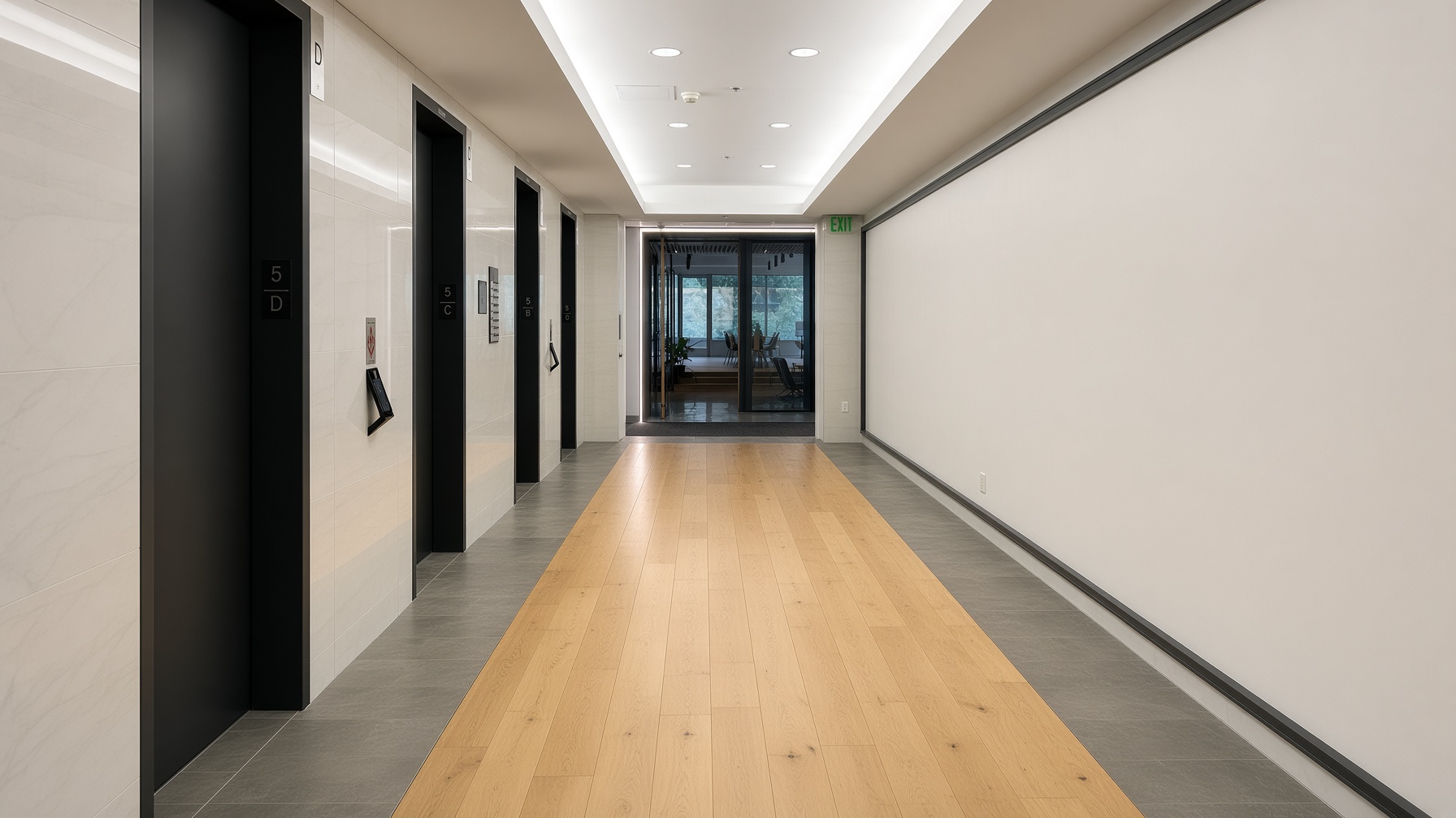 Oversized enclosed elevator lobby in a modern multifamily building, showing floor area dedicated to elevator hoistway protection.