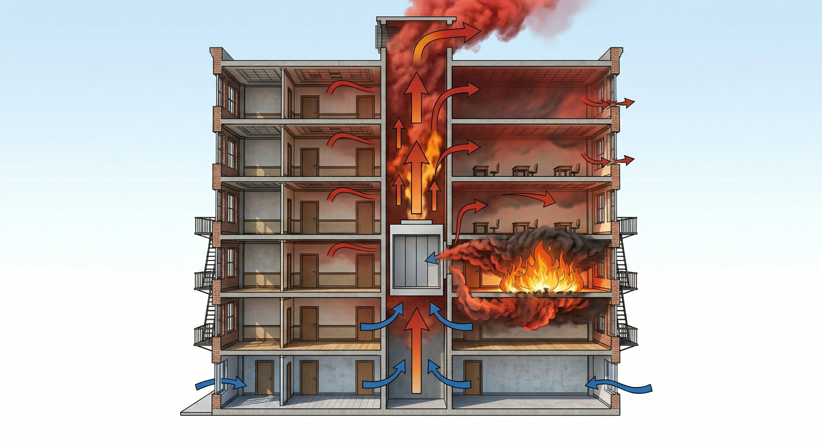 Technical diagram illustrating smoke migration through an unprotected elevator hoistway per IBC 3006.2.